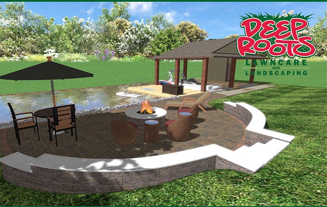 3D render of landscaping project with outdoor firepit chatham illinois