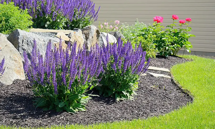 flower bed with rocks and mulch landscaping services - Springfield, IL